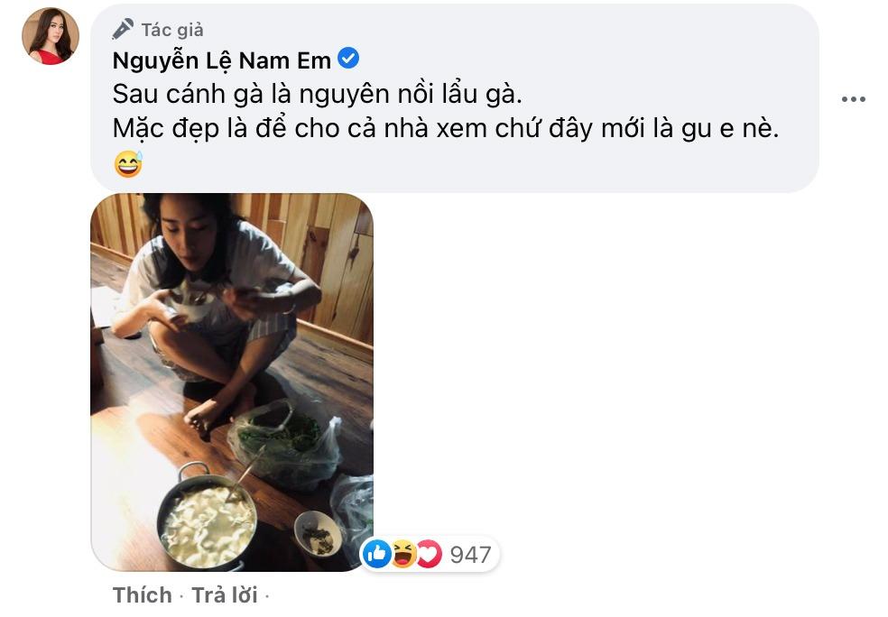 Nam Em xả vai khỏi bộ đầm dạ hội, đầu bù tóc rối ngồi bệt ăn lẩu một mình-4