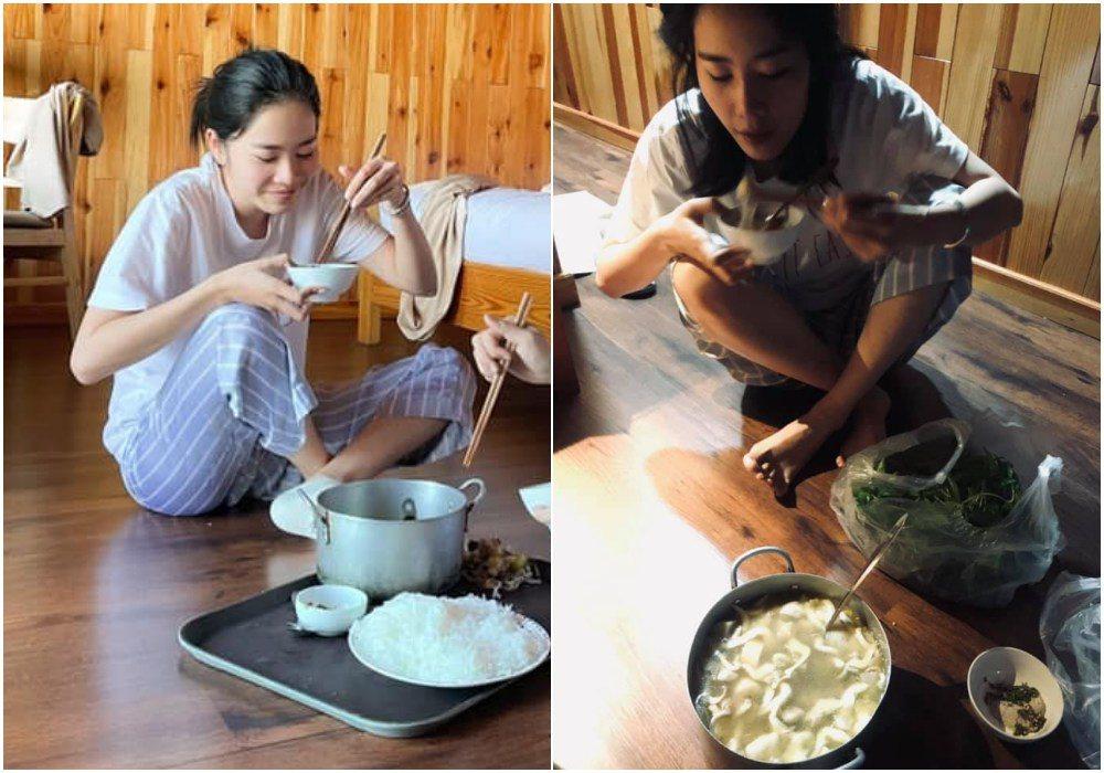 Nam Em xả vai khỏi bộ đầm dạ hội, đầu bù tóc rối ngồi bệt ăn lẩu một mình-5