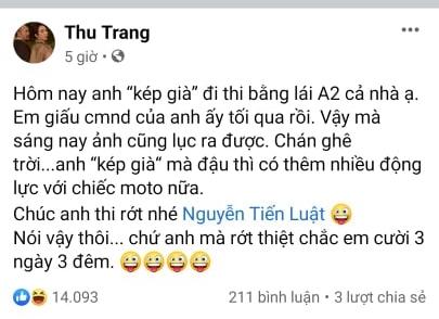 Cầu Tiến Luật thi trượt bằng lái xe, Thu Trang nhận cái kết quá chát-1