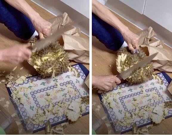 Bà cụ Hàn Quốc bổ sầu riêng như chặt dừa khiến nhiều người Việt xem mà tức cái lồng ngực-1