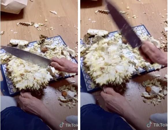 Bà cụ Hàn Quốc bổ sầu riêng như chặt dừa khiến nhiều người Việt xem mà tức cái lồng ngực-2