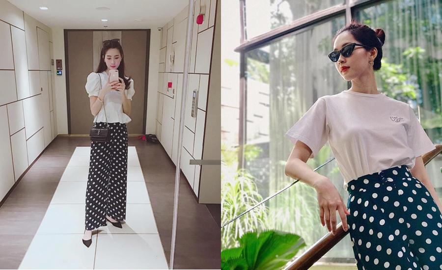 Cũng 1 mẫu quần chấm bi, khi thì Đặng Thu Thảo mix cùng áo blouse điệu đà, khi thì cô lại mix cùng áo phông trẻ trung năng động.