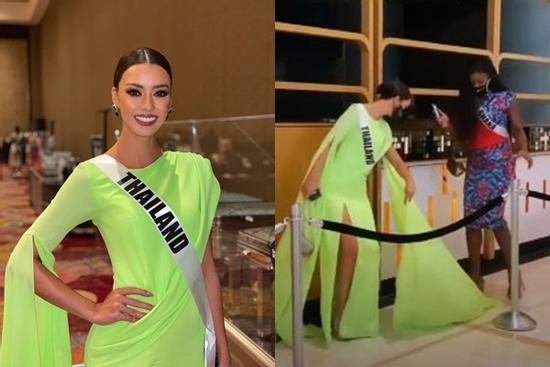 Ứng viên vương miện Miss Universe 2020 bị đối thủ đạp rách váy hiệu