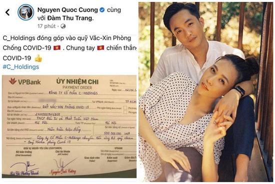 Cường Đô La - Đàm Thu Trang thay mặt công ty ủng hộ 500 triệu đồng cho Quỹ vaccine phòng Covid-19