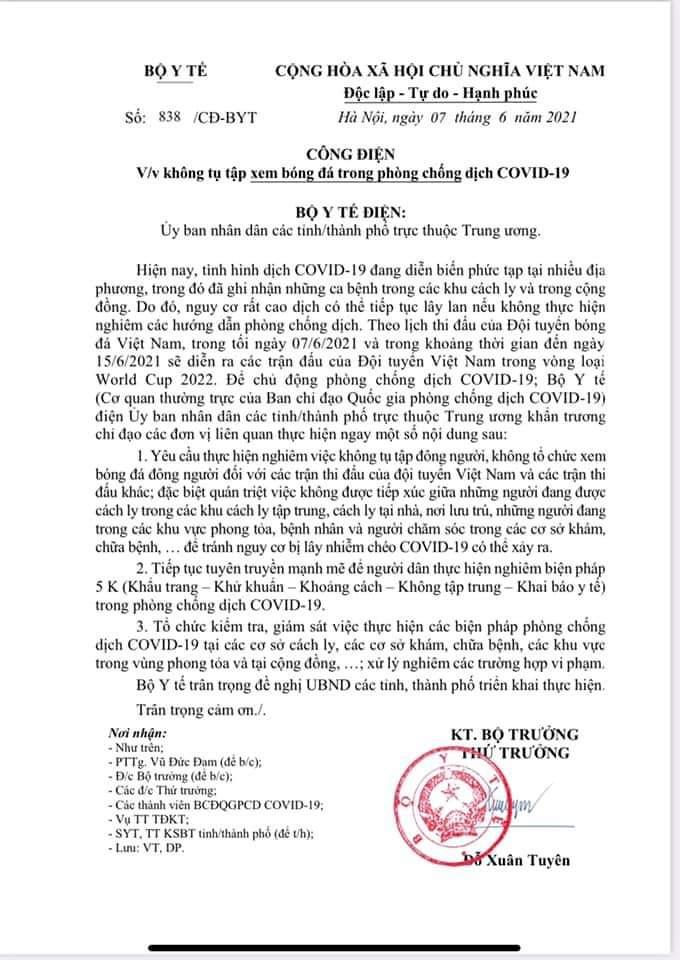 Bộ Y tế gửi công điện khẩn đề nghị người dân không tụ tập xem bóng đá-1