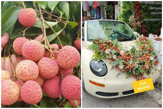 Cặp đôi Lục Ngạn chơi trội với xe hoa được làm từ đặc sản 'cây nhà lá vườn'