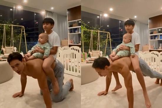 Kim Lý cõng 2 con chống đẩy, Subeo chiếm spotlight với 'cặp giò mẹ Hà'