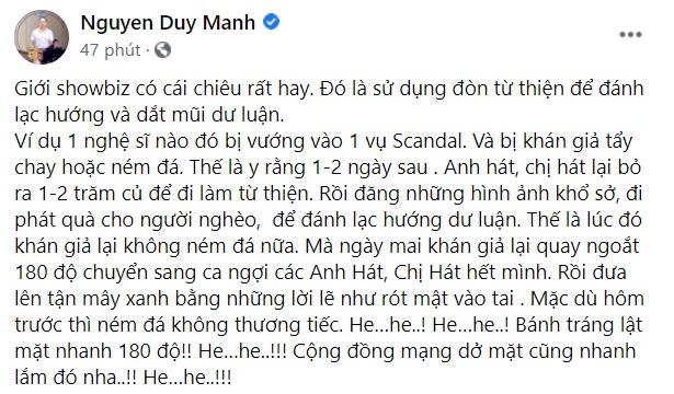 Duy Mạnh bóc chiêu từ thiện để tẩy trắng scandal của nghệ sĩ Việt