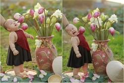 Khóc ngất bên hoa sen, công chúa 9 tháng tuổi biểu cảm ôi quá hài