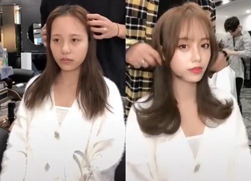 Chỉ cần thay đổi phần tóc một chút nhẹ, kéo tóc để che trán và hai bên má là bạn đã thấy gương mặt khác đi đáng kể.