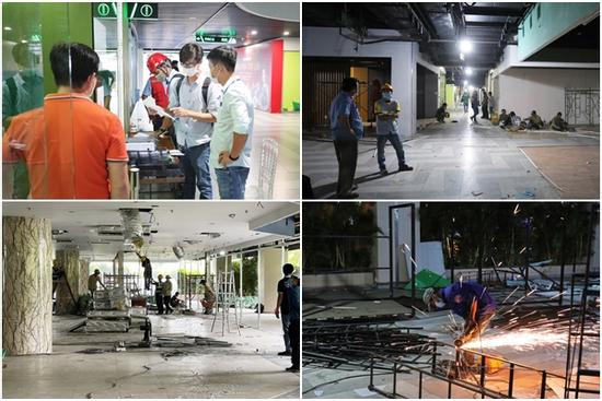 Bên trong Thuận Kiều Plaza đang thi công chuyển thành bệnh viện dã chiến