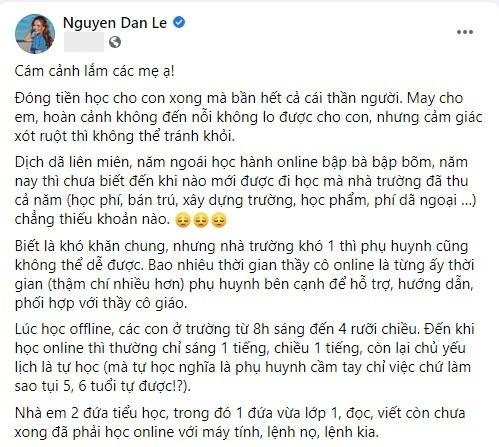 Đan Lê giàu mà ki khi càm ràm chuyện học phí của con