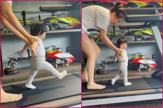 Con gái Cường Đô La được mẹ dìu chạy bộ giảm vòng eo