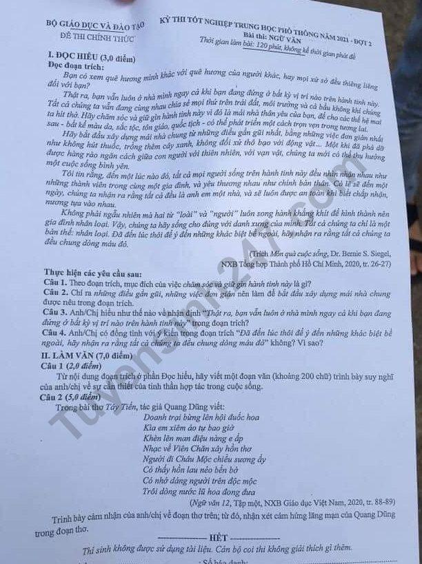 Gợi ý đáp án Ngữ Văn kỳ thi tốt nghiệp THPT Quốc gia 2021 đợt 2-1