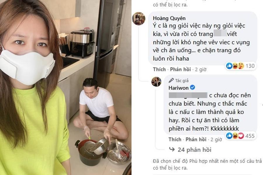 Mở đầu tin sao Việt là chia sẻ của Hari Won. Nữ ca sĩ khen chồng nấu ăn ngon, ngược lại Trấn Thành cũng khen vợ làm việc nhà giỏi: 