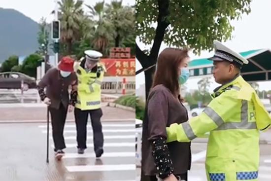 Dìu 'bà lão' sang đường, cảnh sát đứng hình khi 'bà' bỏ tóc giả