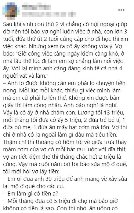 Than thở vợ tiêu gì hết 5 triệu/tháng, anh chồng bị chửi sấp mặt-1