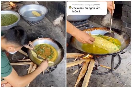 'Lác mắt' xem anh bộ đội rán trứng vuông vức như gấp chăn