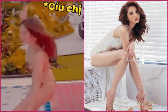 Đang catwalk với bikini ngon trớn, Ngọc Trinh tự nhiên 'vồ ếch'