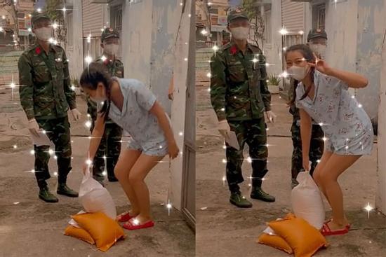 Hài hước gái trẻ sửa soạn kĩ, chỉ chờ vài giây nhận gạo từ bộ đội