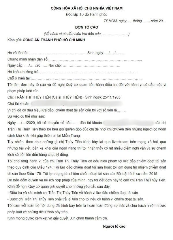Lan truyền mẫu đơn tố cáo, yêu cầu Thủy Tiên trả tiền quyên góp-1