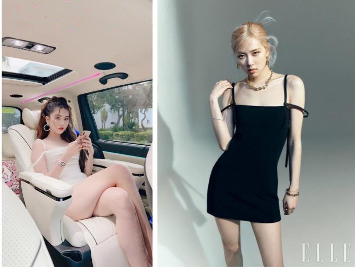 Trong thiết kế váy ngắn với chi tiết 2 dây buông hững hờ của Dsquared2, Rosé chọn tông đen sang trọng, tóc búi gọn với vài lọn để rủ tự nhiên; Ngọc Trinh lại chọn tông trắng sexy, tóc đánh bông xù trẻ trung