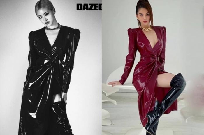 Ngọc Trinh và Rosé cũng có lần đụng độ trong một thiết kế khác của Saint Laurent, đó là áo khoác Latex. Cả 2 có cách mix&match khá giống nhau, đều kết hợp với boots cao đến đùi, thể hiện vẻ kiêu sa sắc lạnh