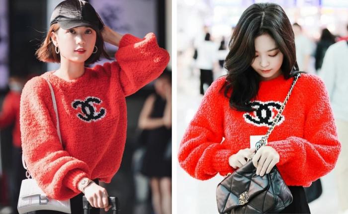Chẳng hẹn mà 2 người đẹp đều từng chọn chiếc áo len Chanel màu đỏ tươi làm outfit sân bay. Trong khi Ngọc Trinh để tóc ngắn và đội mũ lưỡi trai nhìn khá ngầu thì Jennie lại vô cùng yêu kiều khi buông xoã mái tóc xoăn dài của mình