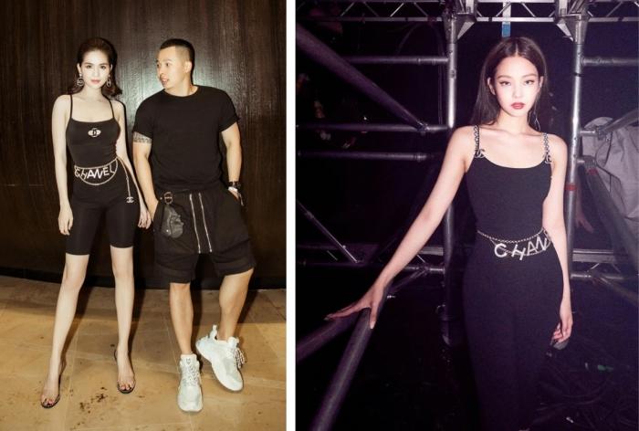 Ngọc Trinh và Jennie có lần bị phát hiện "xài chung" một bộ bodysuit và phụ kiện Chanel, chỉ khác là "nữ hoàng nội y" lựa quần form ngắn, ôm sát, dáng thể thao; còn idol nhà YG lại sử dụng một mẫu quần dài phủ gót
