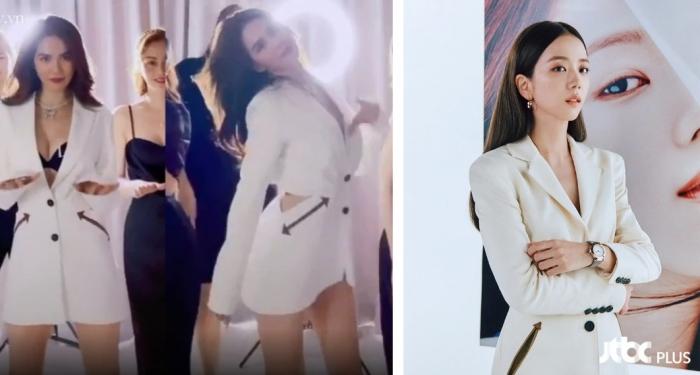 Nhiều người từng bất ngờ với hình tượng tổng tài của Jisoo khi cô diện mẫu blazer dáng dài của nhà mốt YCH. Nếu Jisoo vừa thanh lịch vừa gợi cảm trong item này, thì Ngọc Trinh lại diện một item gần giống với phong thái sexy, khoe bra lấp ló gợi cảm