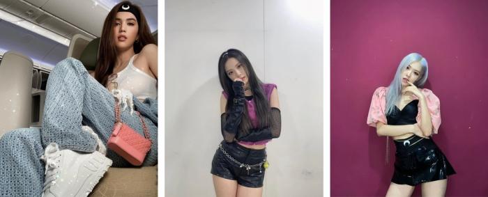 Một lần trên máy bay, Ngọc Trinh đã kết hợp băng đô trăng lưỡi liềm với bộ cánh thời thượng của mình. Trước đó, Jisoo cũng từng diện item này, tạo điểm nhấn cho làn tóc xõa. Độc đáo hơn cả, Rosé lại biến hoá món phụ kiện này thành thắt lưng, khoe khoé vòng eo con kiến trứ danh