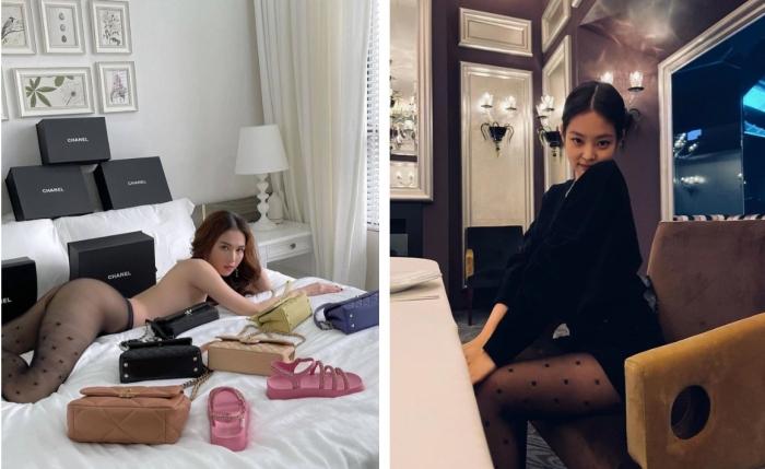 Cùng một mẫu quần tất, Ngọc Trinh lựa chọn "thả rông" bên đống đồ hiệu khiến dân tình đỏ mặt nhức mắt, trong khi đó Jennie khá nhã nhặn khi mix cùng một chiếc áo len dáng dài đồng màu