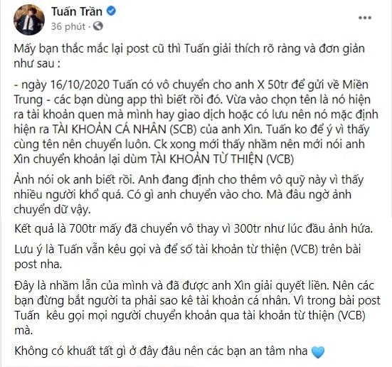 Tuấn Trần giải thích 50 triệu chuyển cho Trấn Thành nhiều sơ hở?