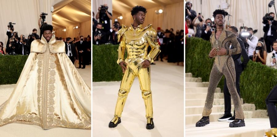 Rapper Lil Nas X đầu tư trang phục công phu với 3 lớp trang phục của Versace trên thảm đỏ Met Gala.