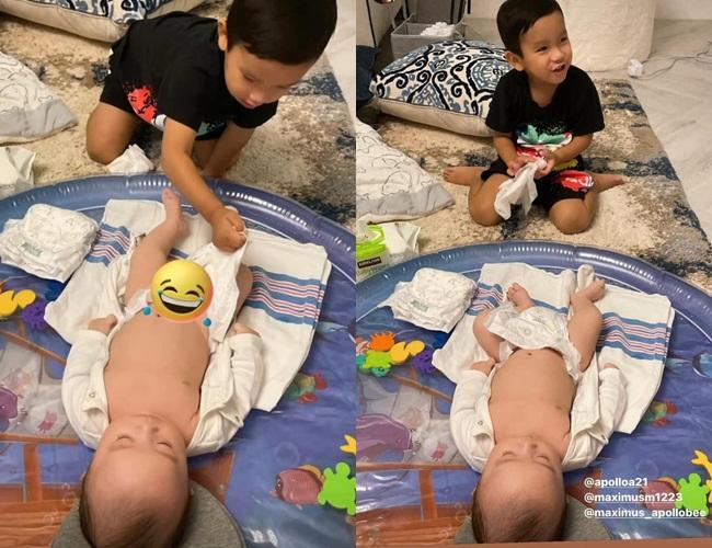 Cưng xỉu cảnh cậu cả nhà Phạm Hương thay bỉm cho em-3