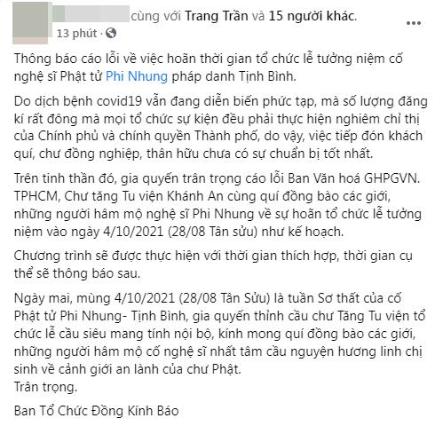 Hoãn lễ tưởng niệm cố ca sĩ Phi Nhung-1