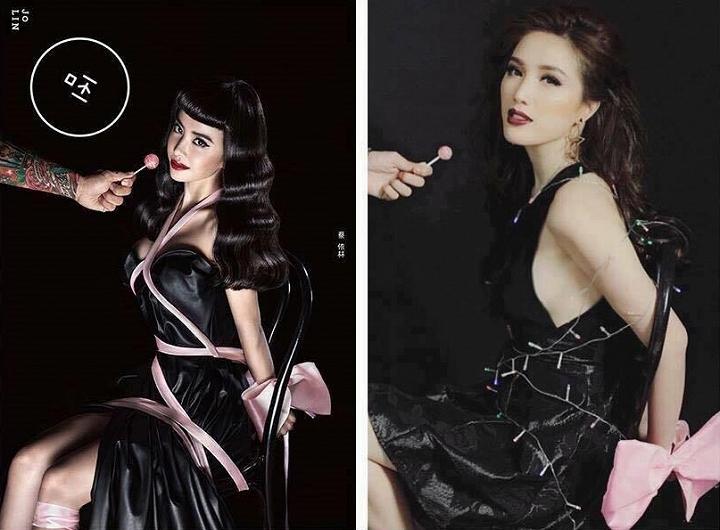 Bảo Thy từng gây ồn ào khi bị “tố” đạo ý tưởng chụp hình của Thái Y Lâm. Từ màu ảnh đến cách cầm kẹo mút, trang điểm và trang phục đều y xì khó có thể chối cãi.