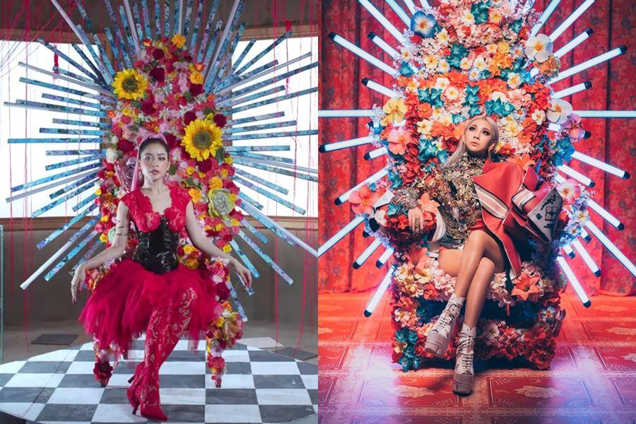 Một phân cảnh của Chi Pu thực hiện MV cho nhạc phim "Thiên Thần Hộ Mệnh" cũng bị cho là sao chép y xì ý tưởng ngồi trên ghế hoa quyền lực giống CL (trưởng nhóm nhạc 2NE1) song cũng thấy rõ sự đầu tư khác biệt.