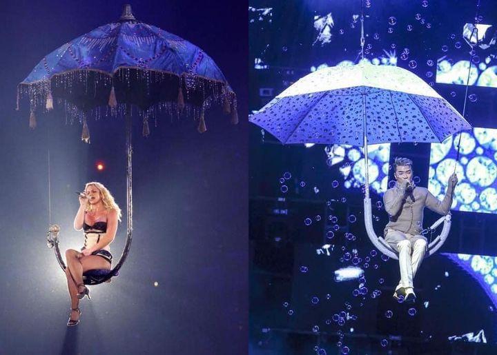 Hay mới đây, Đàm Vĩnh Hưng cũng bị soi sao chép ý tưởng trình diễn trên sân khấu của Britney Spears. Tuy nhiên, hình ảnh hai chiếc ô thể hiện rõ đẳng cấp khác biệt, được ví như hàng trên mạng và thực tế. Rõ ràng có thể thấy, chiếc ô của Britney Spears sang trọng bao nhiêu thì chiếc ô của Mr. Đàm phèn bấy nhiêu.