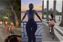 Đạp xe ở hồ Tây, gái xinh mặc quần không che nổi vòng 3 phản cảm