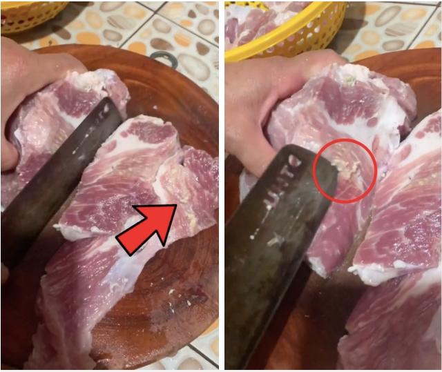Xẻ đôi miếng thịt lợn vừa mua, cô gái phát hiện chi tiết kinh dị-1