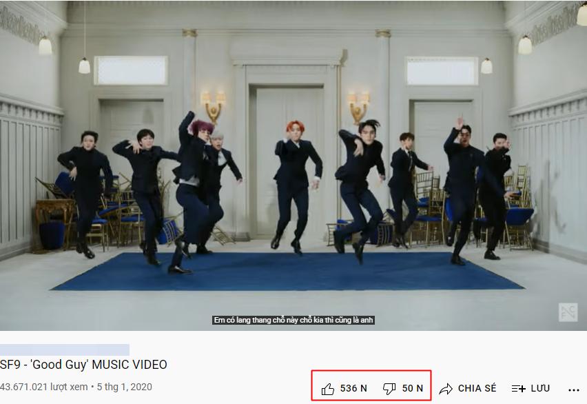 Cuối bảng là MV Good Guy của SF9, được phát hành vào tháng 5/2020. Khi ra mắt, ca khúc này nhận được phản ứng tích cực từ phía công chúng bởi phong cách nhạc dễ nghe và vui nhộn. Tuy nhiên, Good Guy vẫn không tránh khỏi những cú dislike điên đảo. Hiện "Good Guy" chạm mốc 536k lượt like và bị 50k lượt dislike.