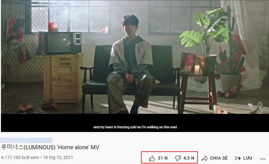 Tiếp đến, MV Home Alone của nhóm nhạc LUMINOUS, được phát hành vào tháng 10/2021. Dù mới ra mắt và nhận về nhiều lời khen của khán giả, nhưng hiện ca khúc có hơn 31k lượt like và 4,5k lượt dislike.
