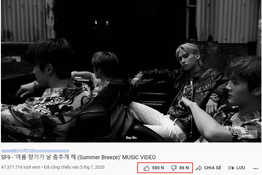 Đứng đầu danh sách có tỷ lệ dislike cao nhất thuộc về Summer Breeze của SF9, được phát hành vào tháng 7/2020, Thời điểm ra mắt, Summer Breeze được xem là một ca khúc đậm chất mùa hè nhưng sẽ mang đến một làn gió tươi mát cho “chảo lửa Kpop”. Tuy nhiên, MV hiện có hơn 580k lượt thích và 86k lượt dislike.