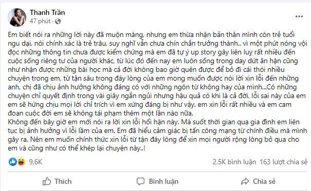 Đến lượt Thanh Trần xin lỗi drama trà xanh, trẻ tuổi non dại mong tha thứ-1