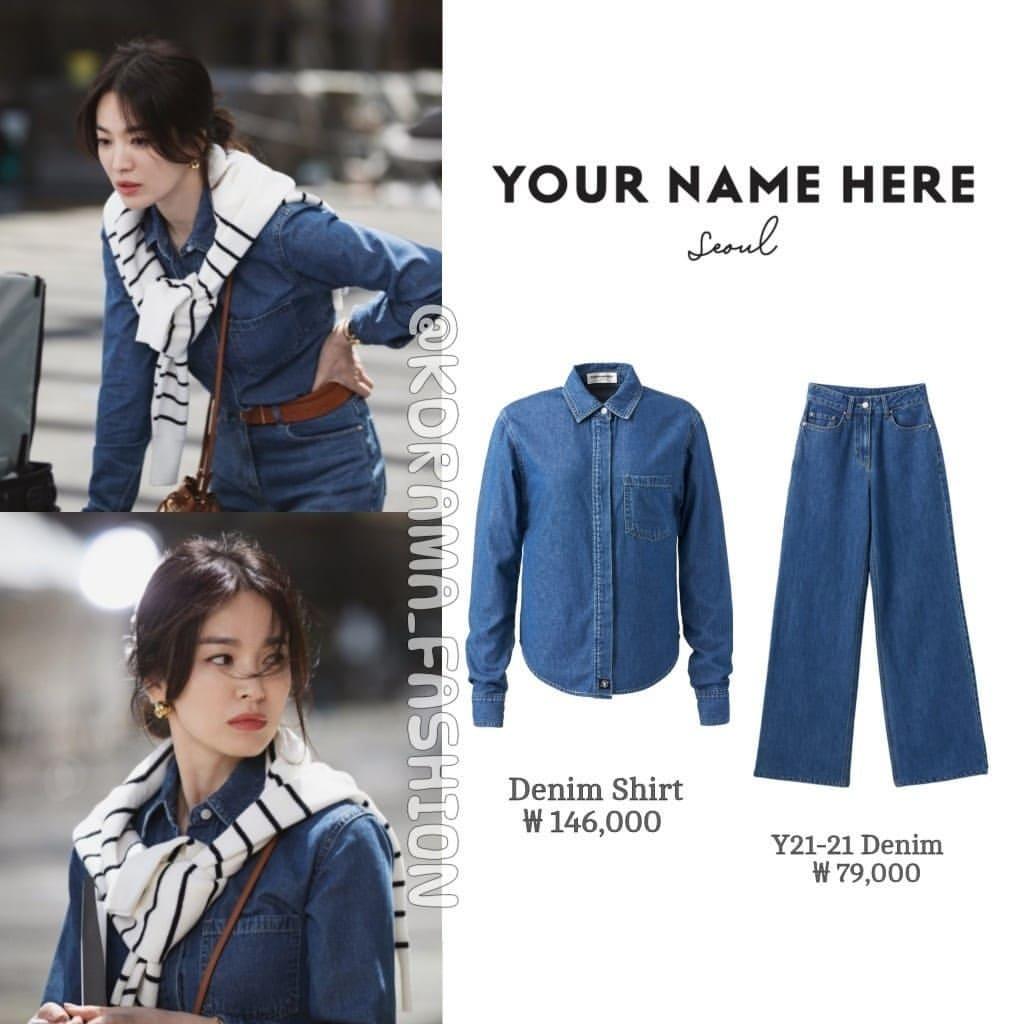 Xuất hiện ở hậu trường set chụp hình với cả cây denim-on-denim, Song Hye Kyo trông đỡ nhàm chán bởi điểm nhấn đến từ chiếc áo len kẻ khoác hờ hững trên vai và thắt lưng da cùng màu túi xách. Tuy vậy, cách phối này cũng lạc mốt ra phết rồi