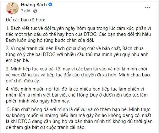 Hoàng Bách phân trần status chê bai đội tuyển Việt Nam