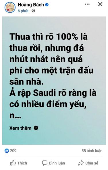 Hoàng Bách phân trần status chê bai đội tuyển Việt Nam