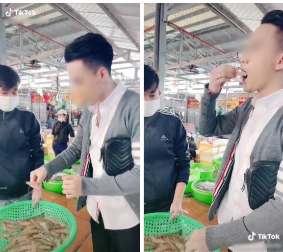 Hãi hùng chàng trai bóc tôm ăn sống giữa chợ kiểm tra độ tươi-1