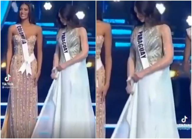Á hậu 1 Miss Universe 2021 làm gì khi bị đối thủ giẫm váy?-1